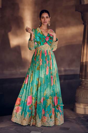 Turquoise Embroidered Georgette Free Size Stitched Gown. (Size Upto 42) Up To 42" Size
