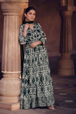 Black And White Embroidered Georgette Free Size Stitched Gown. (Size Upto 42) Free size full stitched Up To 42" Size 1