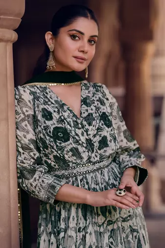 Black And White Embroidered Georgette Free Size Stitched Gown. (Size Upto 42) Free size full stitched Up To 42" Size