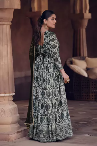 Black And White Embroidered Georgette Free Size Stitched Gown. (Size Upto 42) Free size full stitched Up To 42" Size