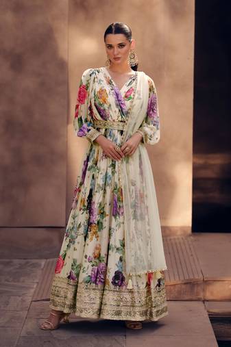 Off White Embroidered Georgette Free Size Stitched Gown. (Size Upto 42) Free size full stitched Up To 42" Size