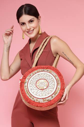 sisal beige, red & gold mandala embellished jute tote bag