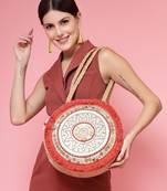 sisal beige, red & gold mandala embellished jute tote bag