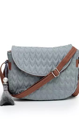 uno teal & tan chevron quilted polyester sling bag