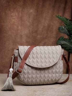 uno beige & tan chevron quilted polyester sling bag 1