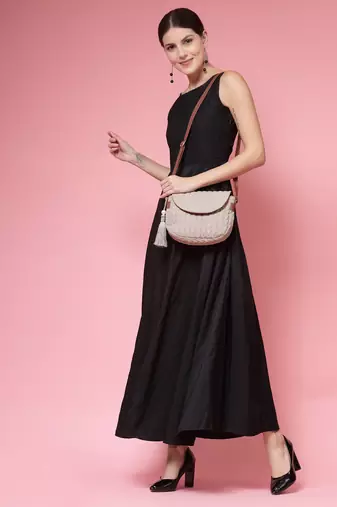 uno beige & tan chevron quilted polyester sling bag