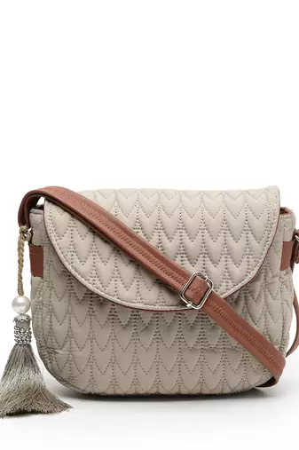 uno beige & tan chevron quilted polyester sling bag