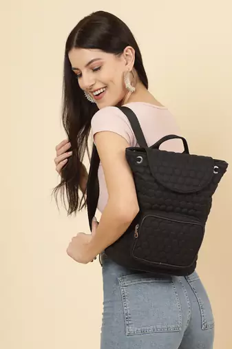 uno black geometric quilted polyester backpack