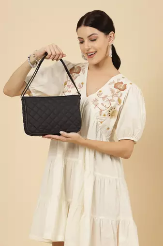 uno black geometric quilted polyester sling bag