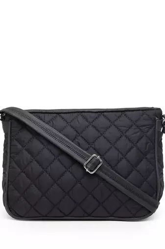 uno black geometric quilted polyester sling bag