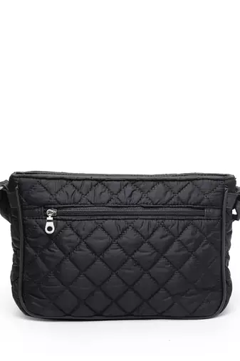 uno black geometric quilted polyester sling bag