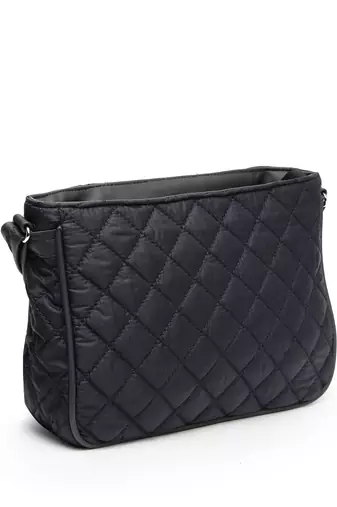 uno black geometric quilted polyester sling bag