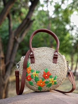 sisal beige & multi floral embroidered jute & vegan leather handheld bag 1