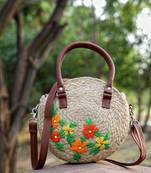 sisal beige & multi floral embroidered jute & vegan leather handheld bag