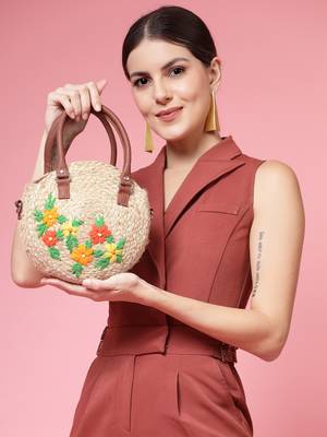 sisal beige & multi floral embroidered jute & vegan leather handheld bag 3
