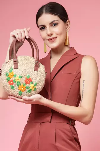 sisal beige & multi floral embroidered jute & vegan leather handheld bag