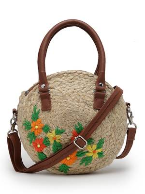 sisal beige & multi floral embroidered jute & vegan leather handheld bag 4