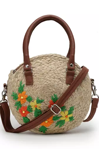 sisal beige & multi floral embroidered jute & vegan leather handheld bag