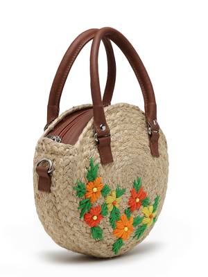 sisal beige & multi floral embroidered jute & vegan leather handheld bag 6