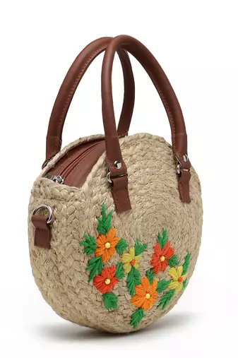 sisal beige & multi floral embroidered jute & vegan leather handheld bag