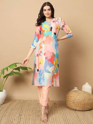 WOMEN'S EXCLUSIVE MUSLIN WITH DIGITAL MULTICOLOR PRINTED WITH FULL STITCHED  KURTI SET 1