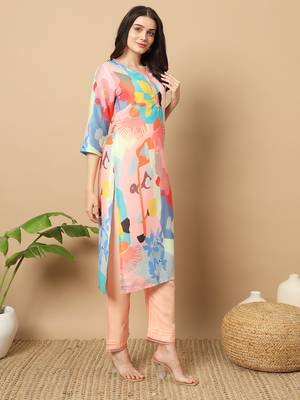 WOMEN'S EXCLUSIVE MUSLIN WITH DIGITAL MULTICOLOR PRINTED WITH FULL STITCHED  KURTI SET 4