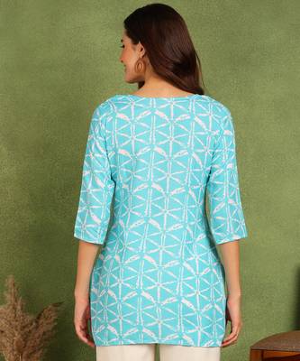 Turquoise printed poly rayon short kurti for women and girls 2