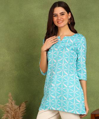 Turquoise printed poly rayon short kurti for women and girls 3