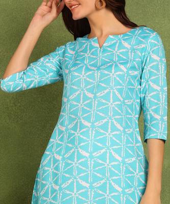 Turquoise printed poly rayon short kurti for women and girls 4