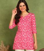 Pink printed poly rayon short kurti for women and girls