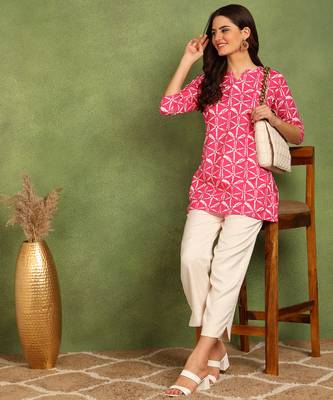 Pink printed poly rayon short kurti for women and girls 3