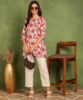 Red printed poly rayon short kurti for women and girls 1