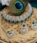 Silver plated green kundan crystals ad diamond necklace jewellery set for women
