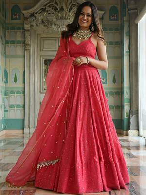 wondrous rose pink sequined georgette lehenga set choli with dupatta 2