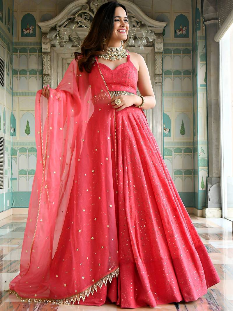 wondrous rose pink sequined georgette lehenga set choli with dupatta