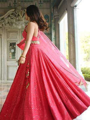 wondrous rose pink sequined georgette lehenga set choli with dupatta 3