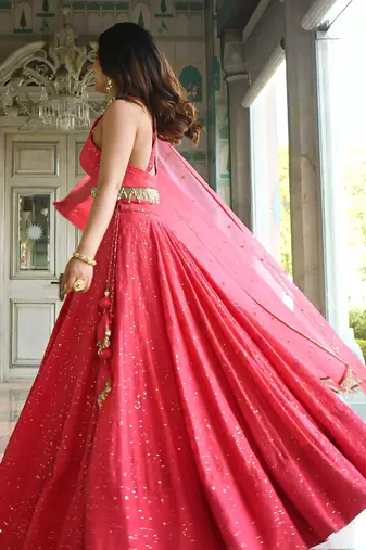 wondrous rose pink sequined georgette lehenga set choli with dupatta