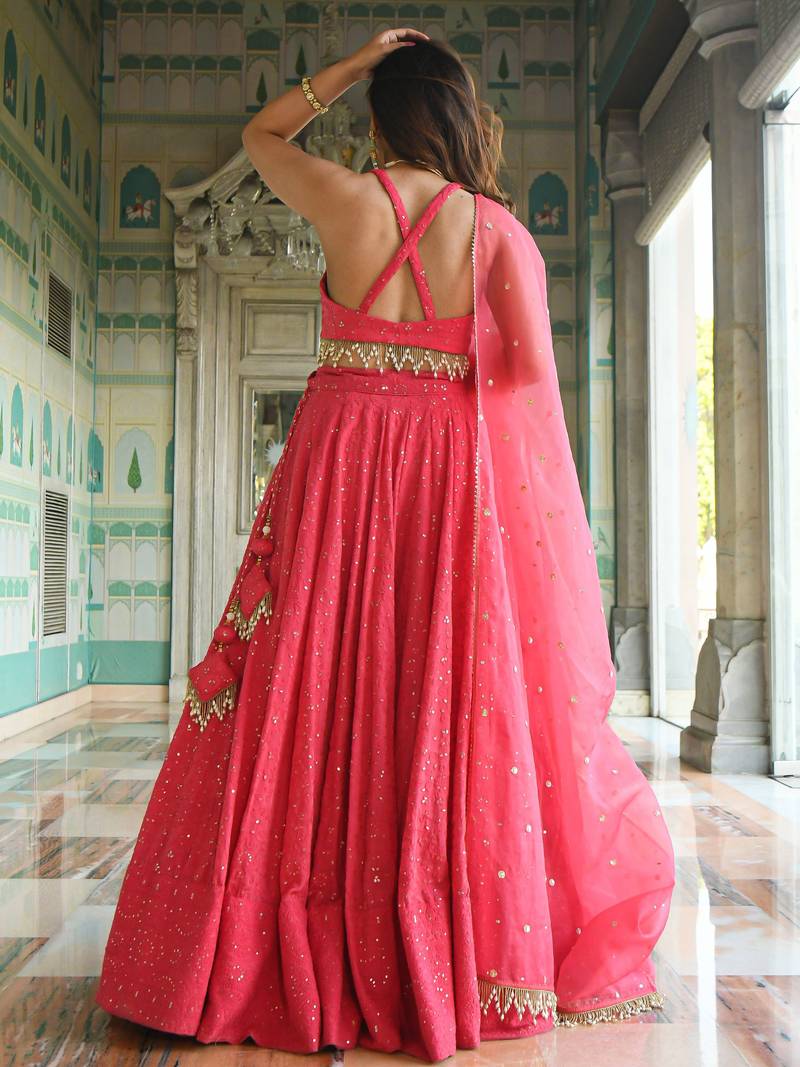 Wondrous Rose Pink Sequined Georgette Bridesmaid Lehenga Choli