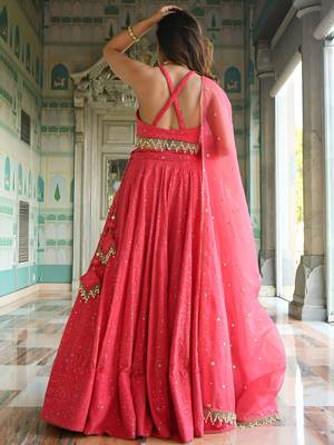 wondrous rose pink sequined georgette lehenga set choli with dupatta 4