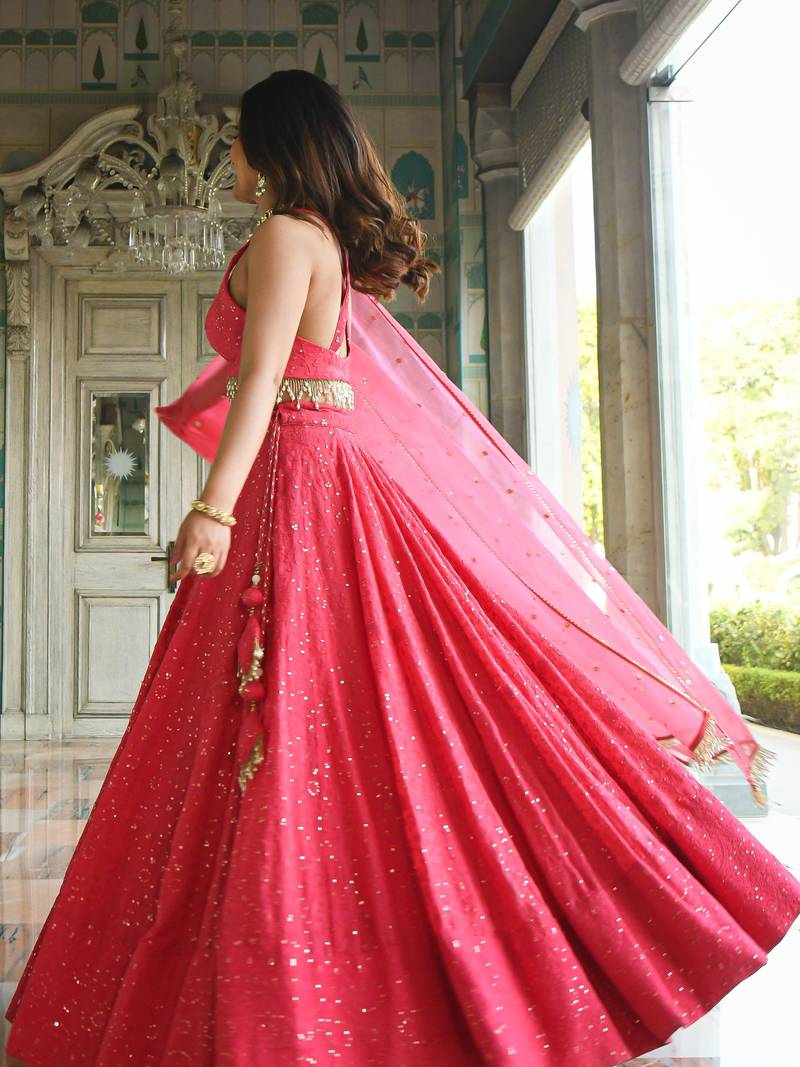 Wondrous Rose Pink Sequined Georgette Bridesmaid Lehenga Choli