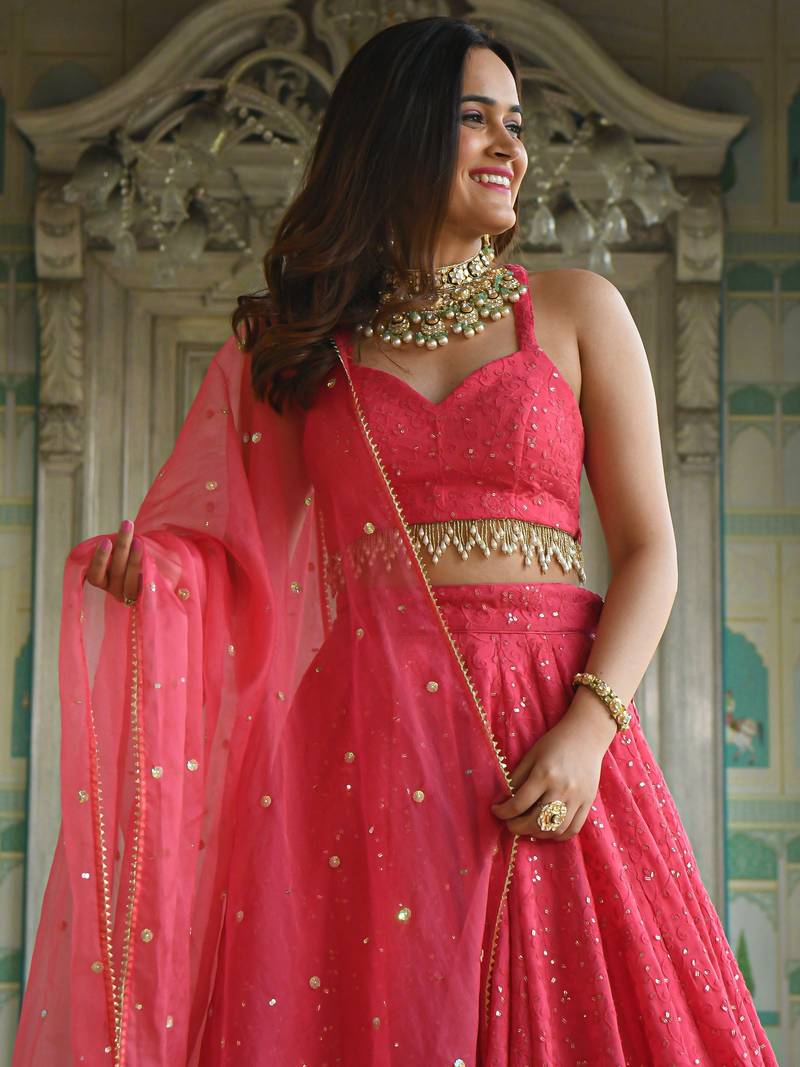 Wondrous Rose Pink Sequined Georgette Bridesmaid Lehenga Choli