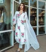 Womens Rayon Floral Handprinted Designer Kurti With Pant & Dupatta Set