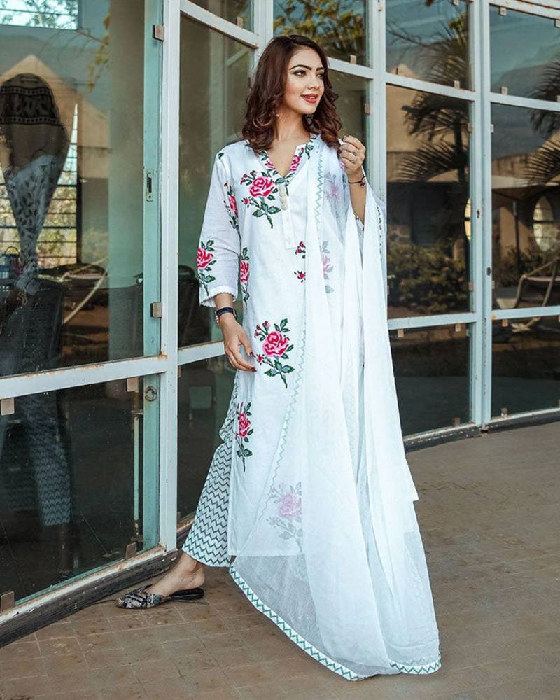 Womens Rayon Floral Handprinted Designer Kurti With Pant & Dupatta Set