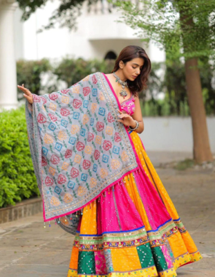 PINK AND YELLOW cotton party wear lehenga choli 1