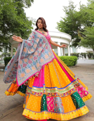 PINK AND YELLOW cotton party wear lehenga choli 2