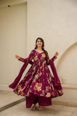 Maroon Printed Rayon Anarkali Kurta Palazzo Set 1