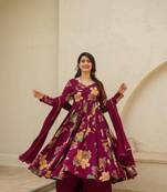 Maroon Printed Rayon Anarkali Kurta Palazzo Set
