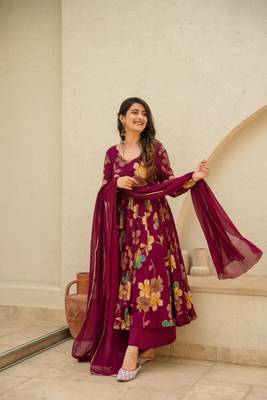 Maroon Printed Rayon Anarkali Kurta Palazzo Set 2