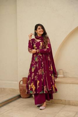 Maroon Printed Rayon Anarkali Kurta Palazzo Set 3