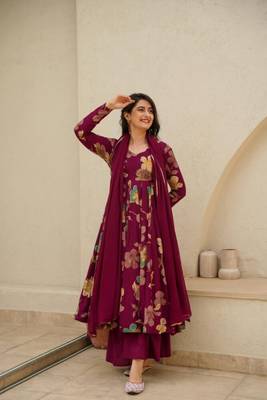 Maroon Printed Rayon Anarkali Kurta Palazzo Set 4